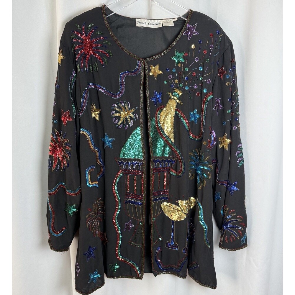 Vintage French Collizioni Beaded Sequin Champaign Party Open Front Jacket Sz 3X